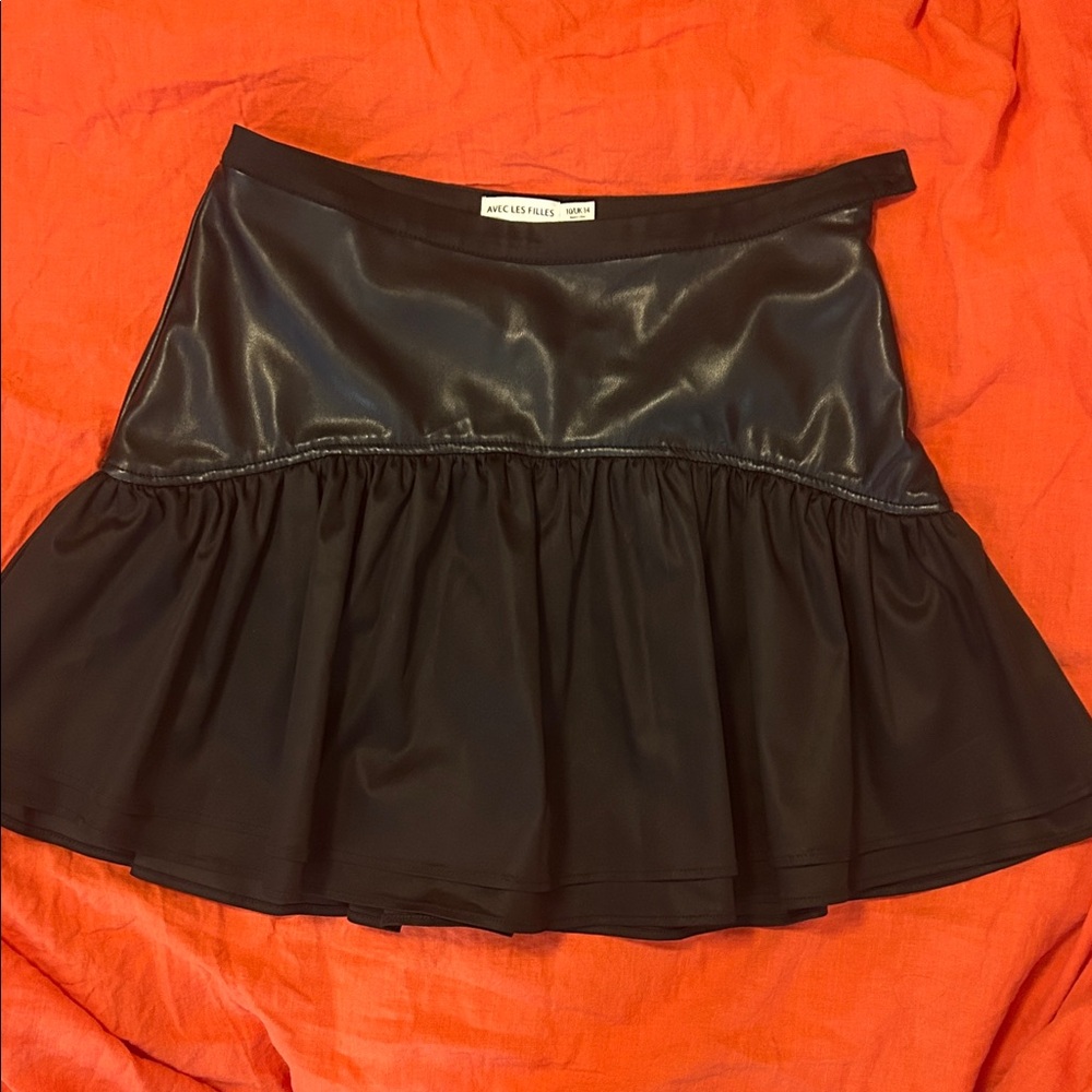 Avec Les Filles Black Faux Leather/ combo fabric Skirt